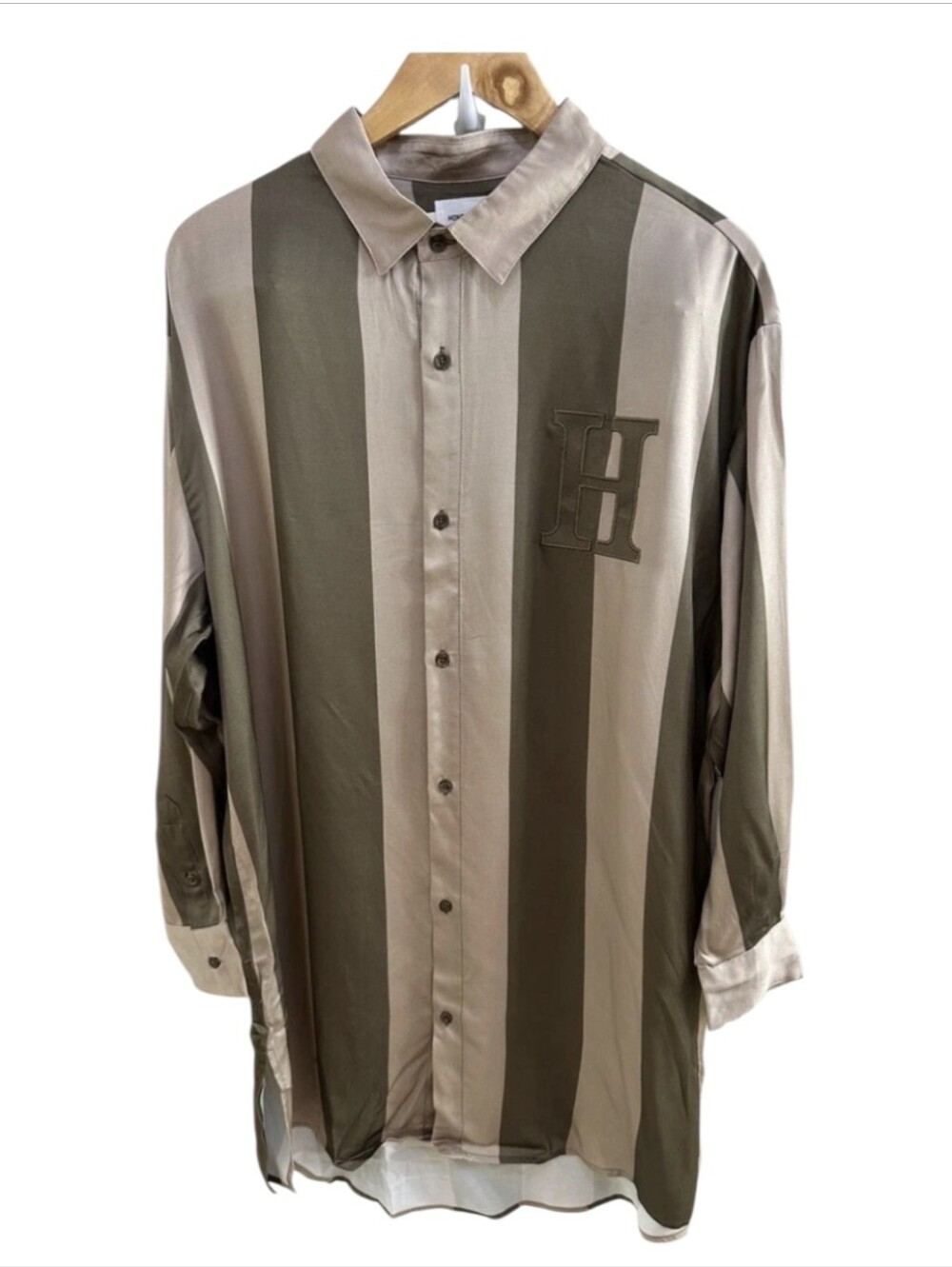 Long-Sleeve Vertical-Stripe Dress in Olive & Beige